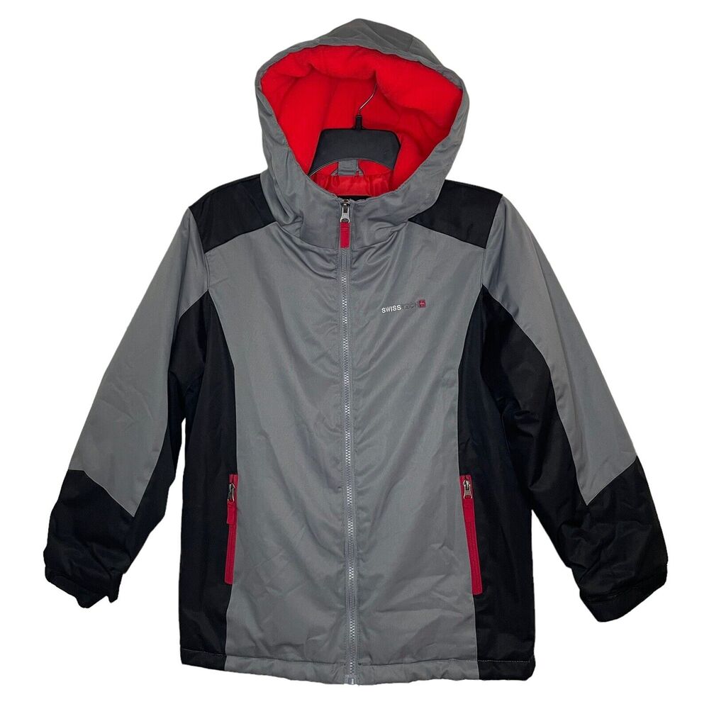 Swiss Tech Coat Jacket Size 10/12 Girls Grey Black Red with Hood and Zip Pockets